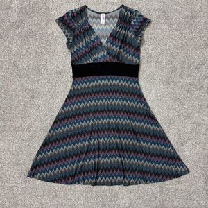 Purple Rain Dress Womens Medium Teal Chevron A-Line V-Neck Made USA 90s Vintage